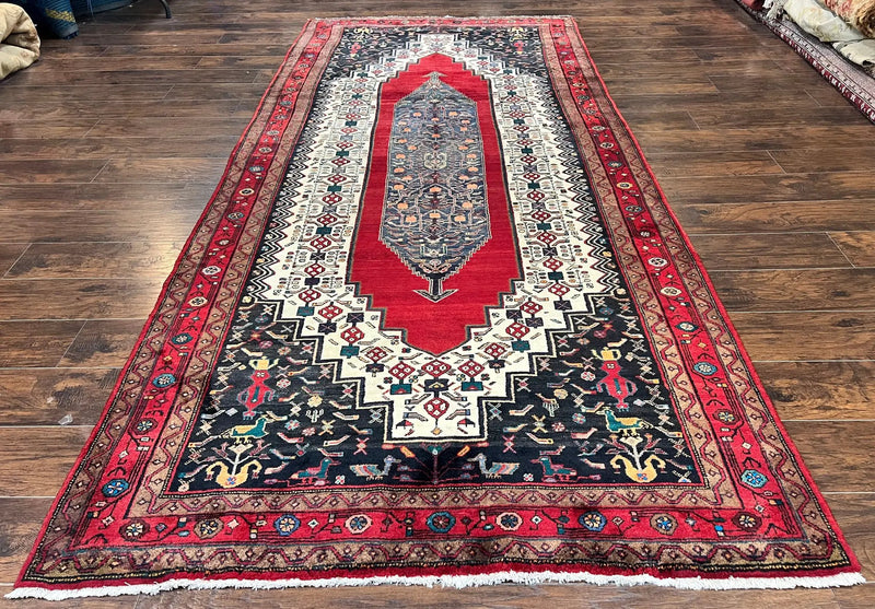 Persian Rug 5x12 ft, Red Cream Navy Blue, Pictorials, Hand Knotted Handmade Wide Runner Tribal Bidjar Semi Antique Wool Geometric Oriental Rug by Jewel Rugs