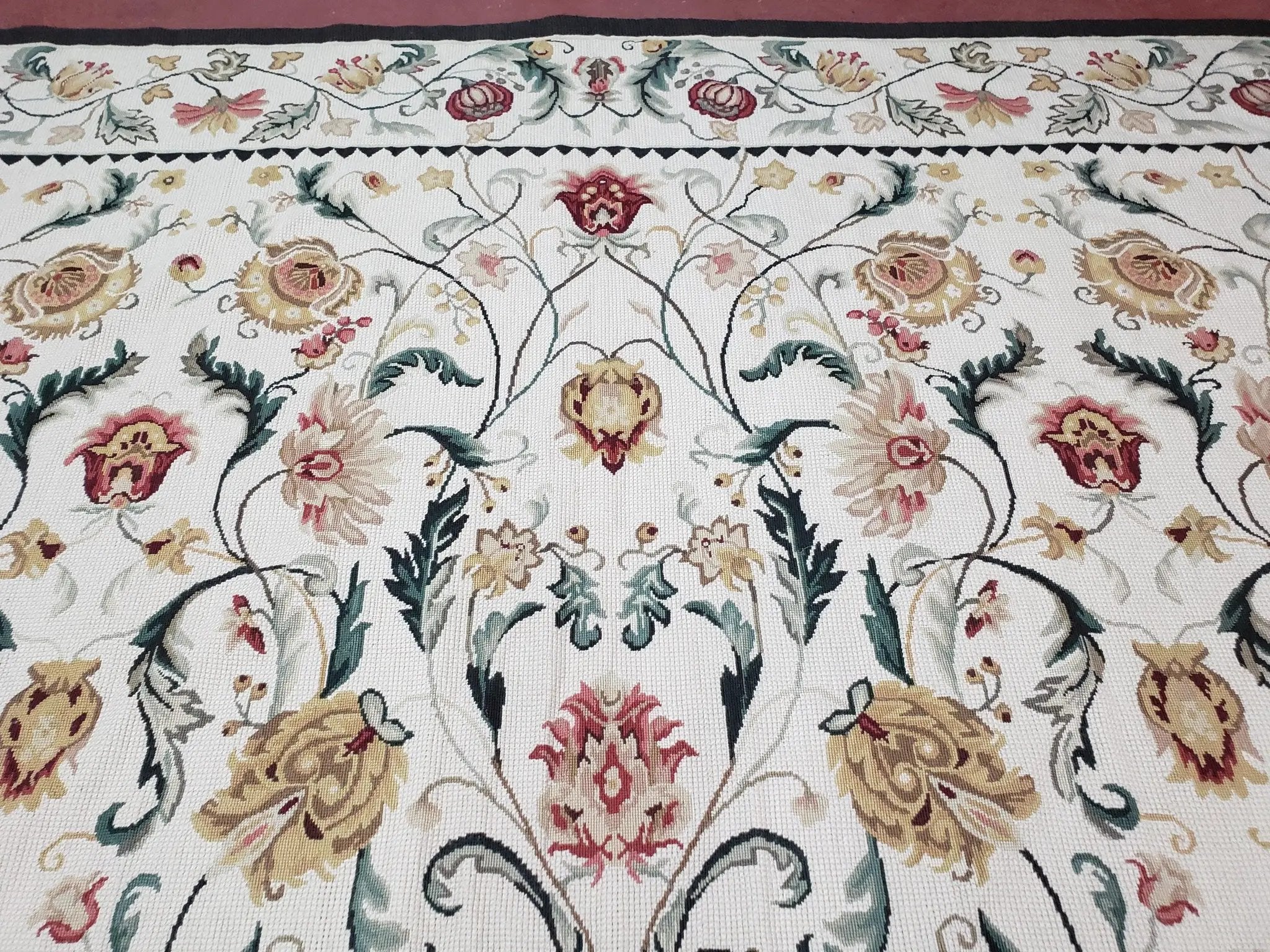 New Needlepoint Rug 9x12, Hand Woven Wool Area Rug, Flatweave Carpet, Handmade Chinese Needlepoint, Floral European Design, Ivory Background by Jewel Rugs