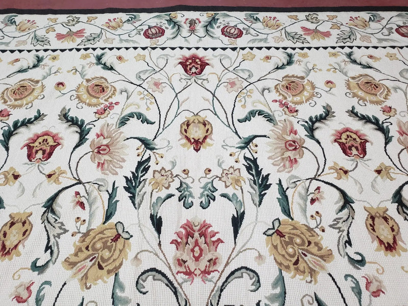 New Needlepoint Rug 9x12, Hand Woven Wool Area Rug, Flatweave Carpet, Handmade Chinese Needlepoint, Floral European Design, Ivory Background by Jewel Rugs