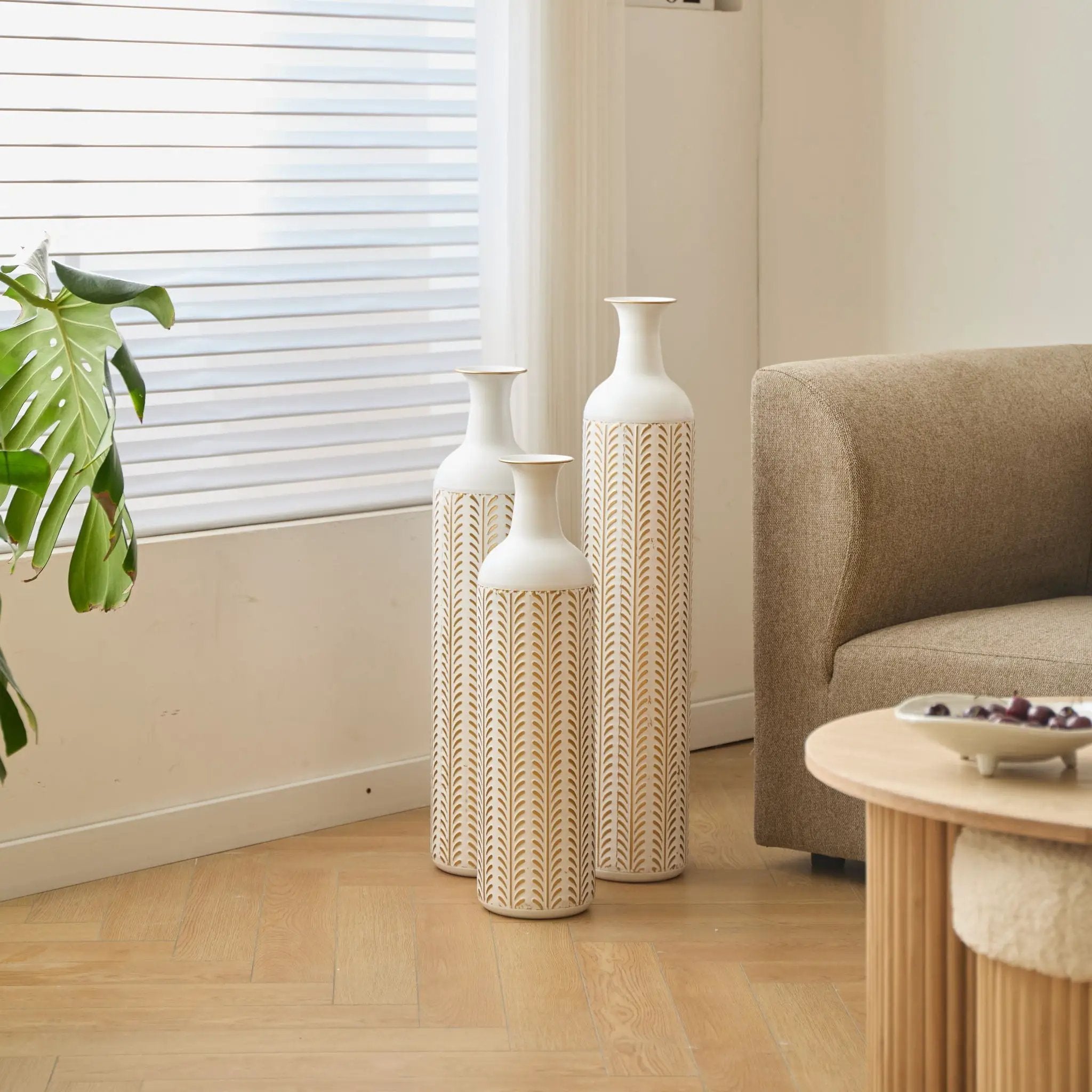 Floor Metal Vase Modern Style Decoration Home Metal Vase 3 Piece Set Gorgeous Home Decoration Large Glazed Metal Vase - Gold / White by HouseOfZazla