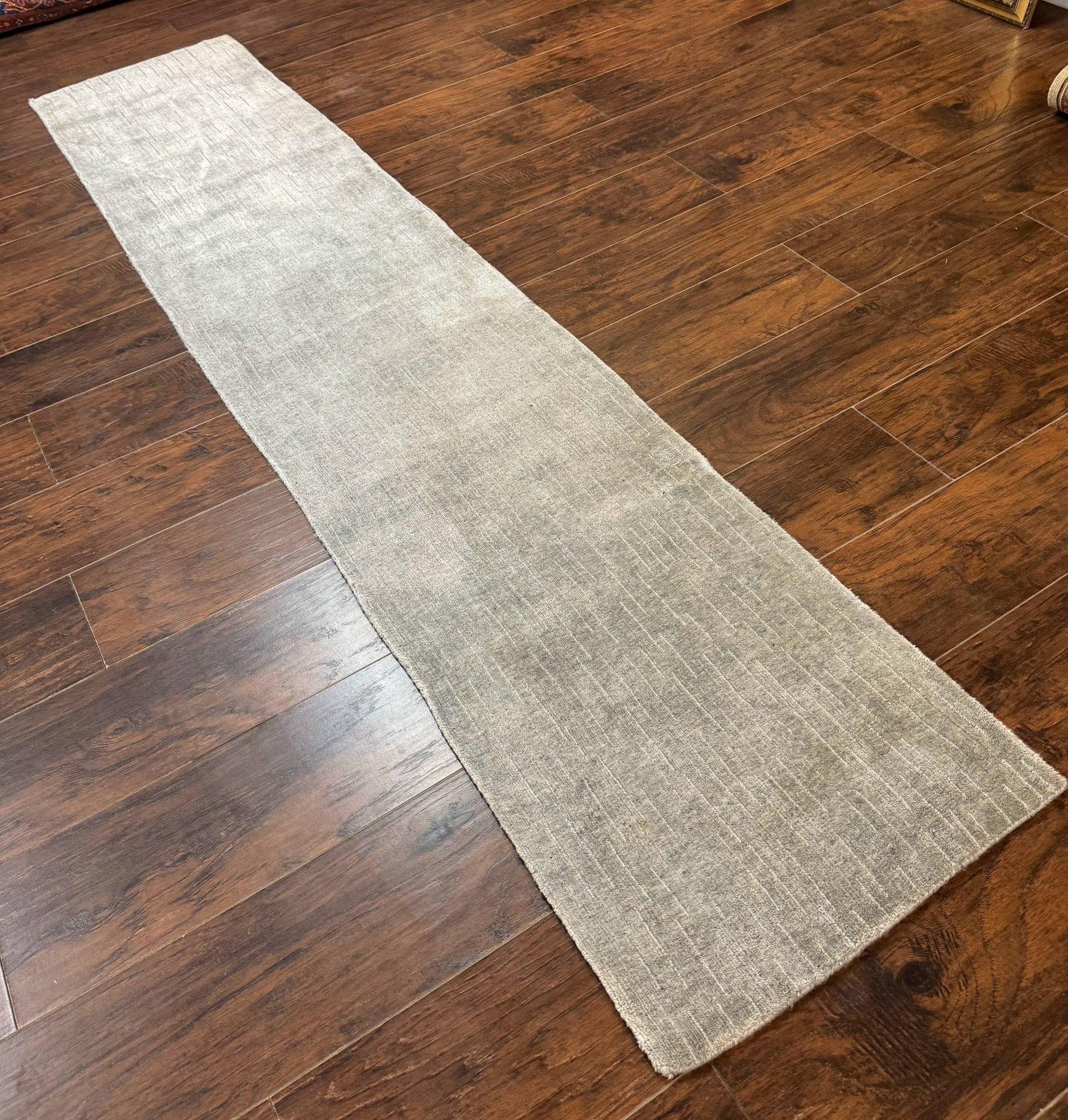 Modern Tibetan Runner Rug 1.9 x 8.6, Wool and Silk Highlights, Gray/Silver, Narrow Runner for Hallway or Kitchen by Jewel Rugs