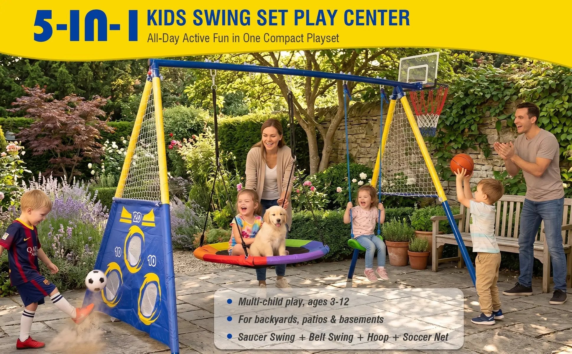 5-in-1 Kids Swing Set with Saucer Swing, Belt Swing, Basketball Hoop & Soccer Goal by HouseOfZazla