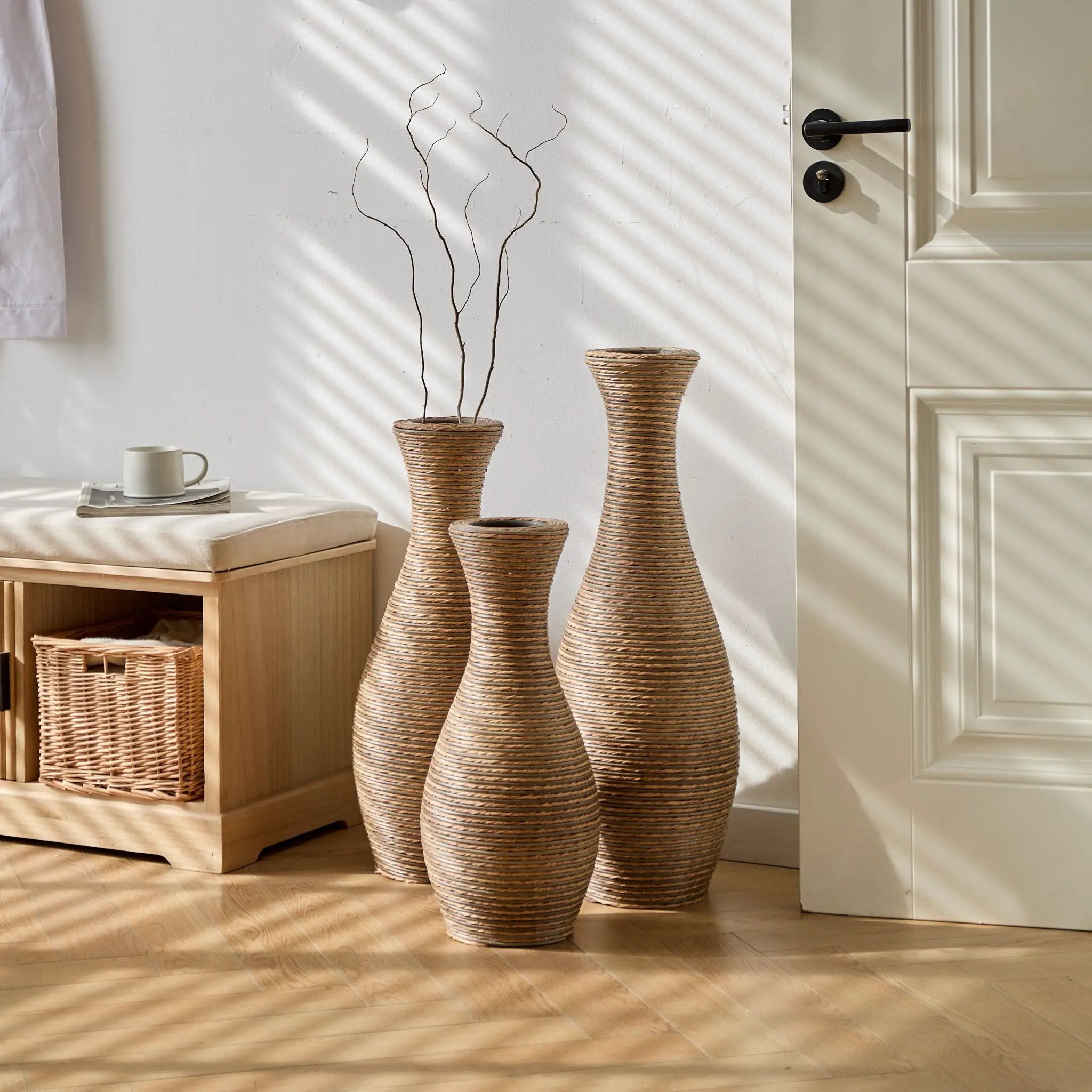 3 Piece Artificial Rattan Floor Vase Set Decorative Accent For Living Room, Hallway & Entryway, Ideal For Dried Or Silk Flower Arrangements - Beige by HouseOfZazla