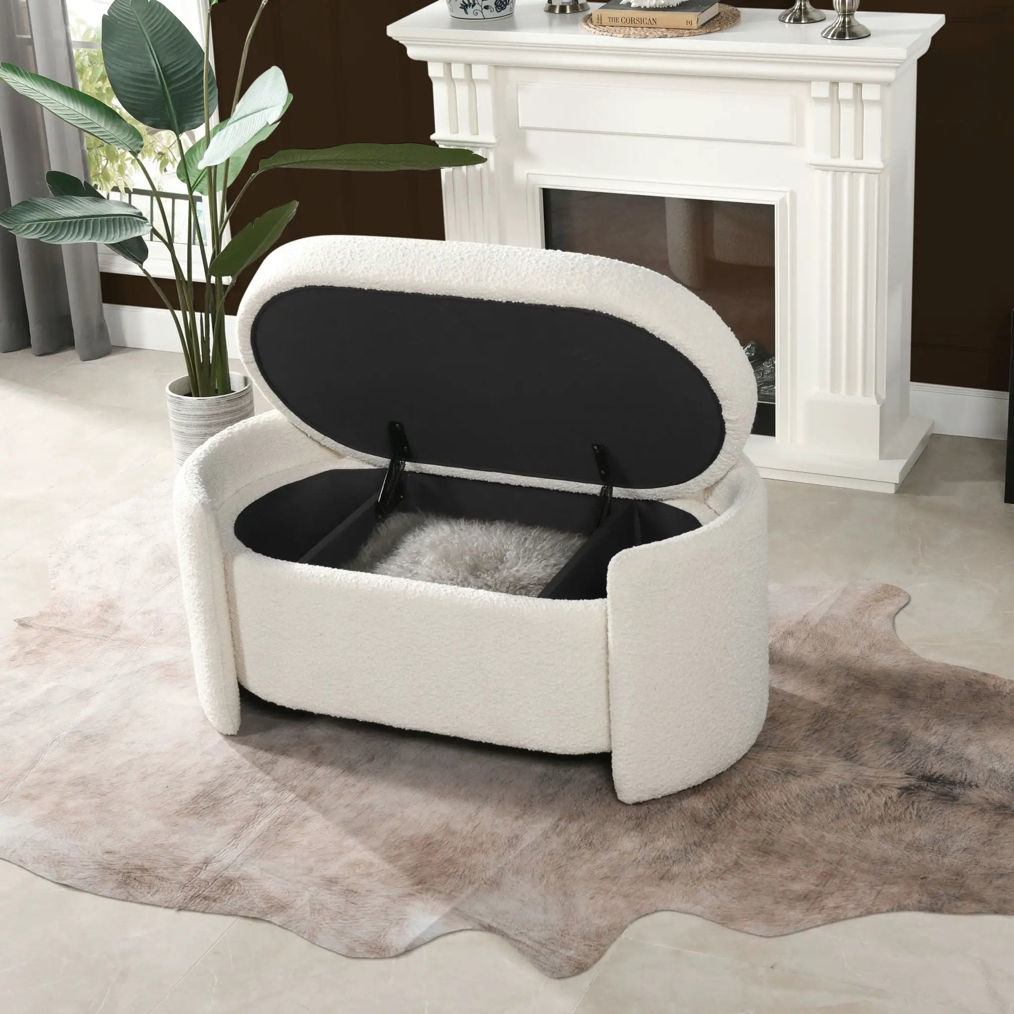 Fuji - Oval Storage Bench, Upholstered - Ivory White by HouseOfZazla