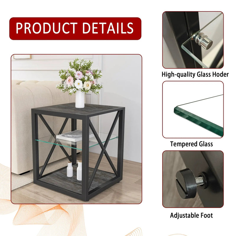 Modern End Table Nightstand with Tempered Glass & Wood Grain MDF by HouseOfZazla
