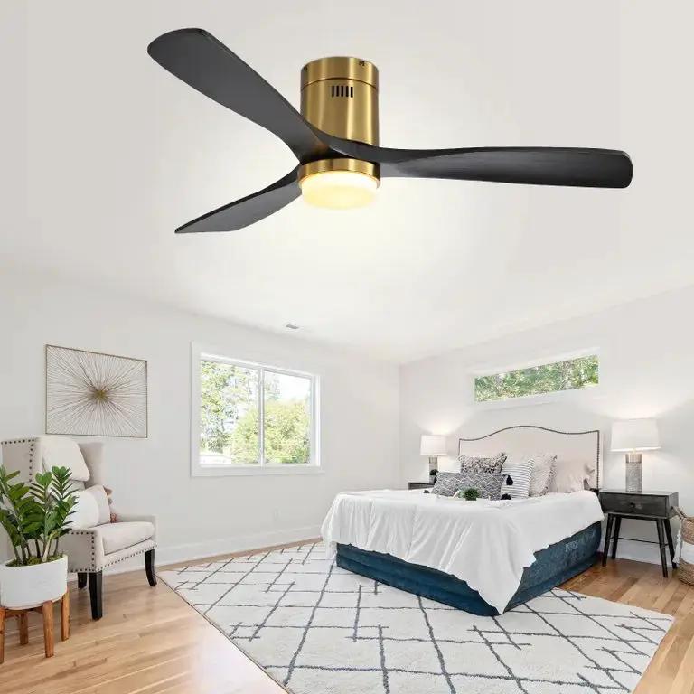 Flush Mount Ceiling Fan With 3 Solid Wood Blades Remote Control Reversible DC Motor For Living Room - Gold by HouseOfZazla