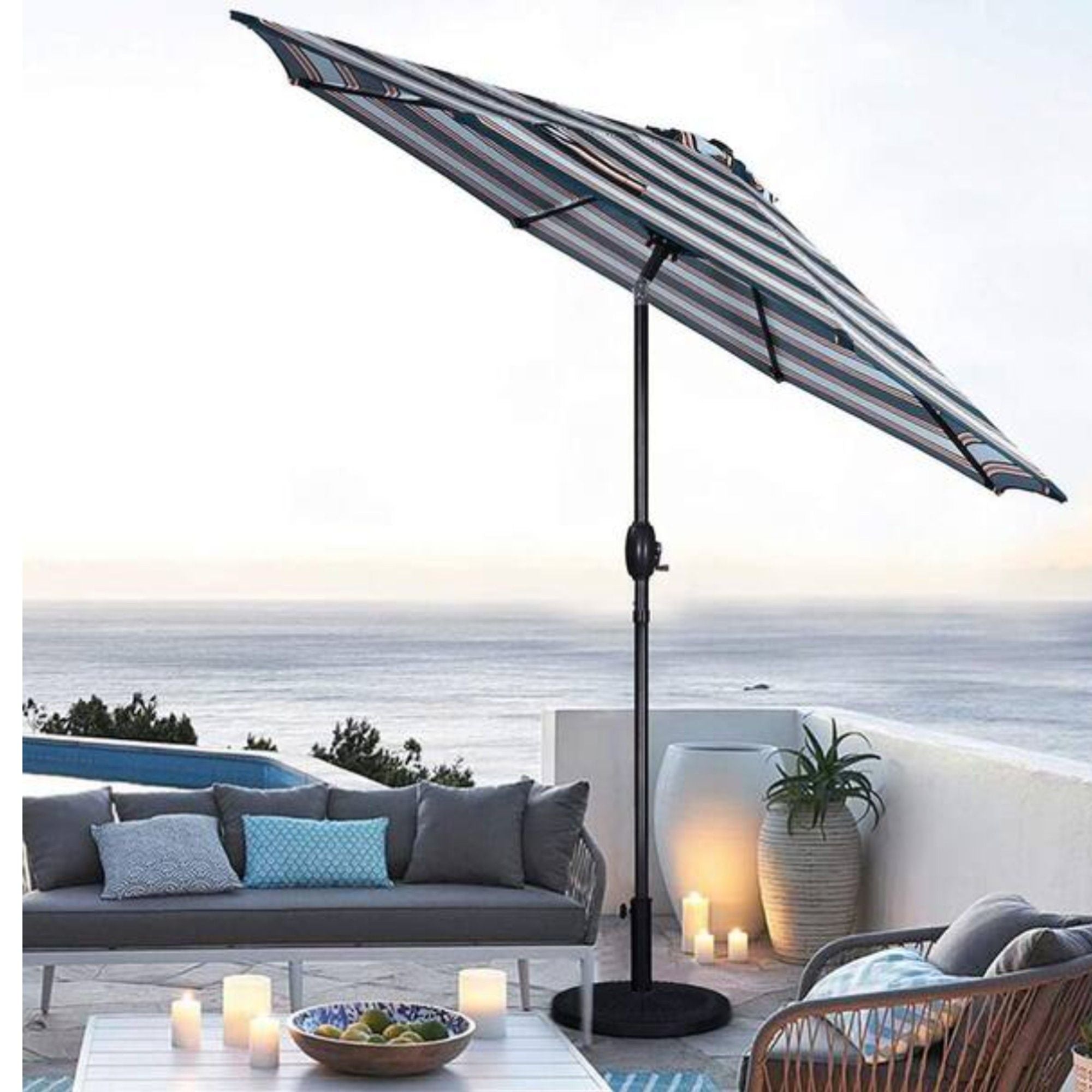 Patio Umbrella With Crank Lift & Push Button Tilt Frame, 200G / Sqm Solution Dyed Canopy - Blue Multi / Brown by HouseOfZazla