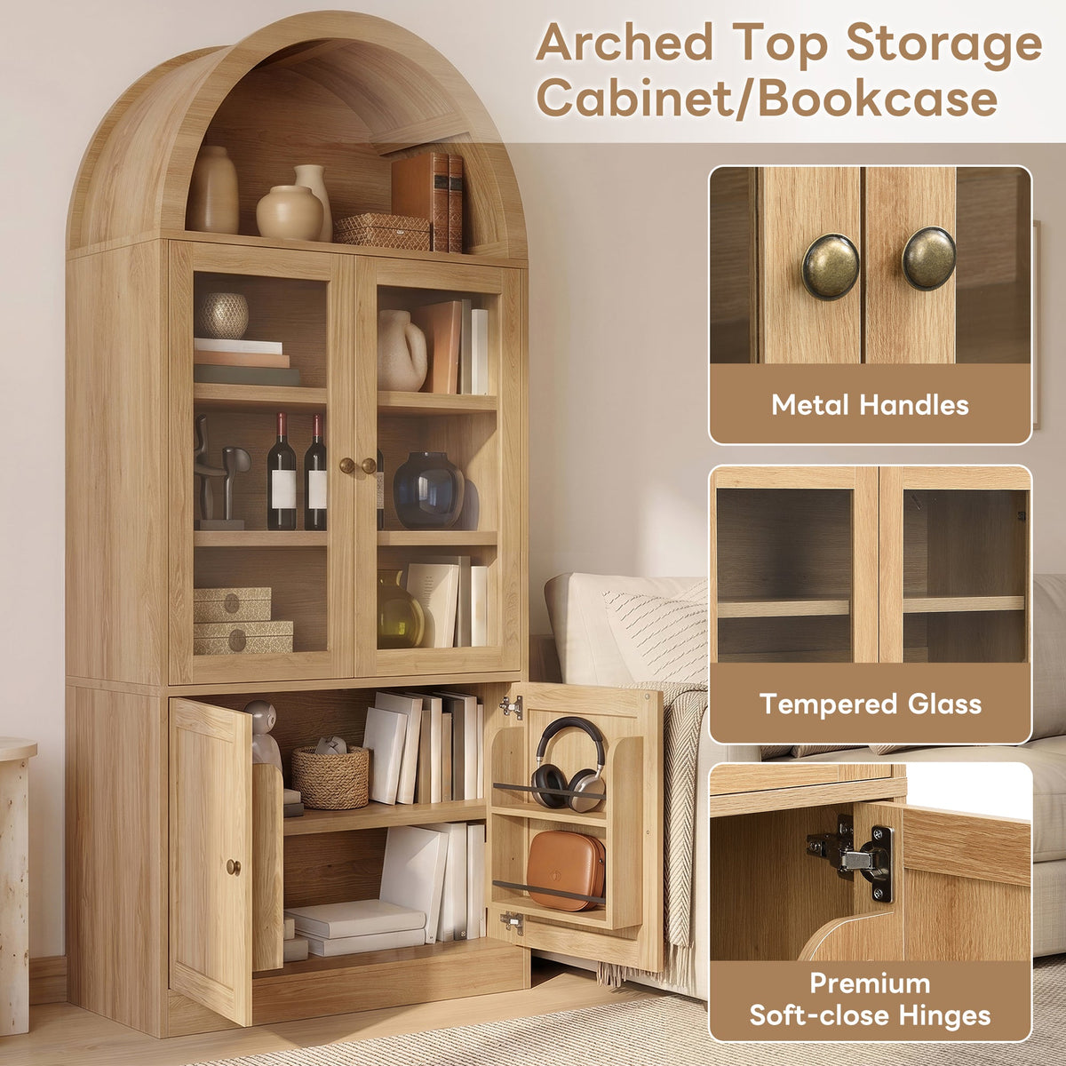 Tall Arched Top Storage Cabinet with Tempered Glass Doors - Natural or White, photo 7 of 10