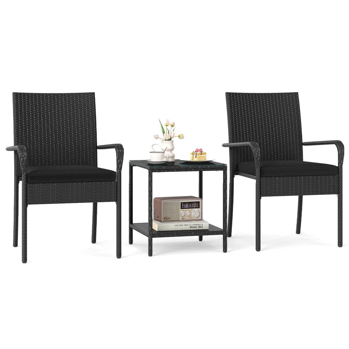 3 Piece Patio Furniture Set with Seat Cushions and Tempered Glass Tabletop by DirectDeals