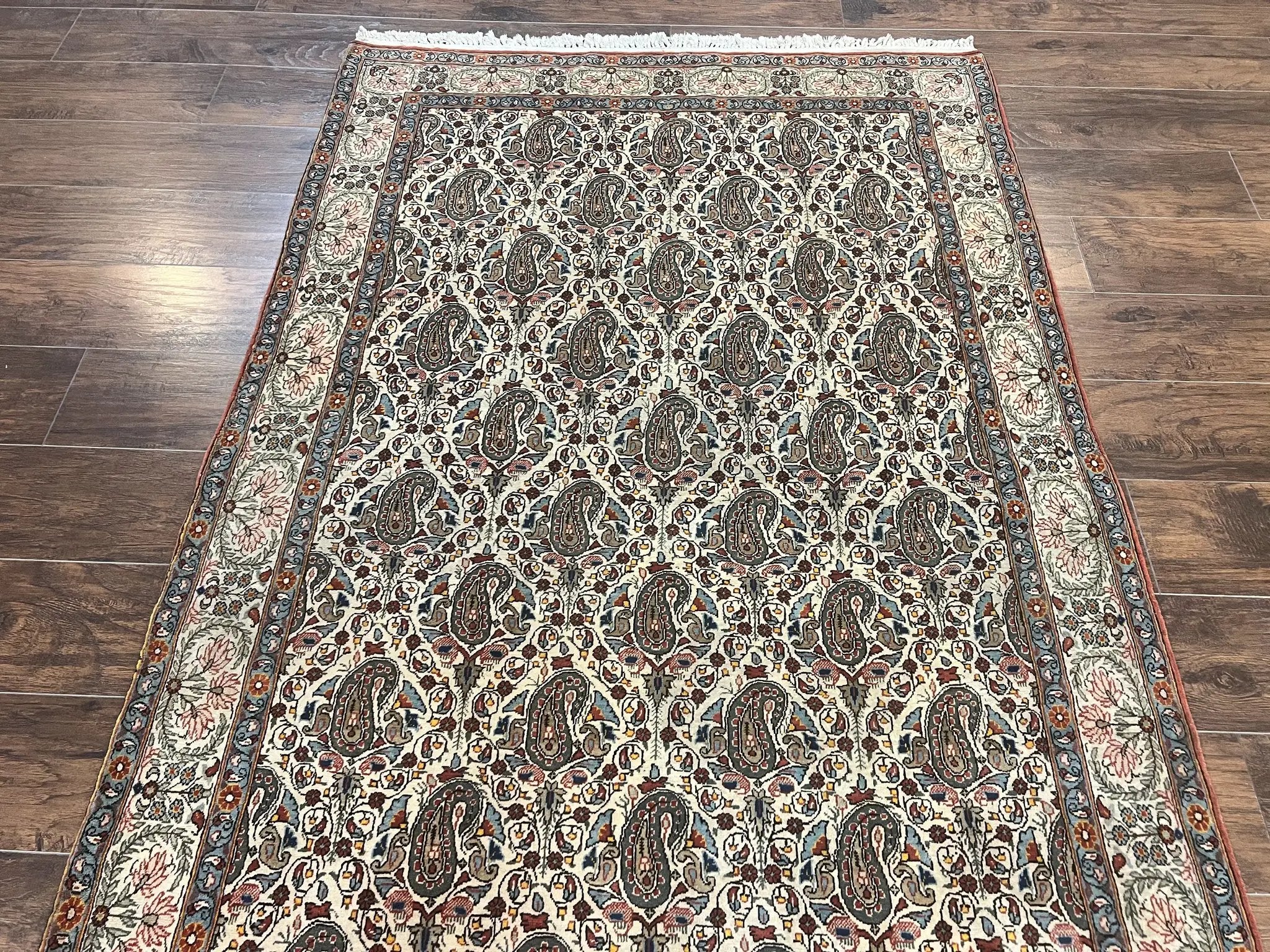 Persian Qum Rug 5x6, Cream Wool Hand Knotted Carpet, Repeated Boteh Paisely Design, Semi Antique Vintage Rug, Very Fine Weave 5 x 6 Rug by Jewel Rugs