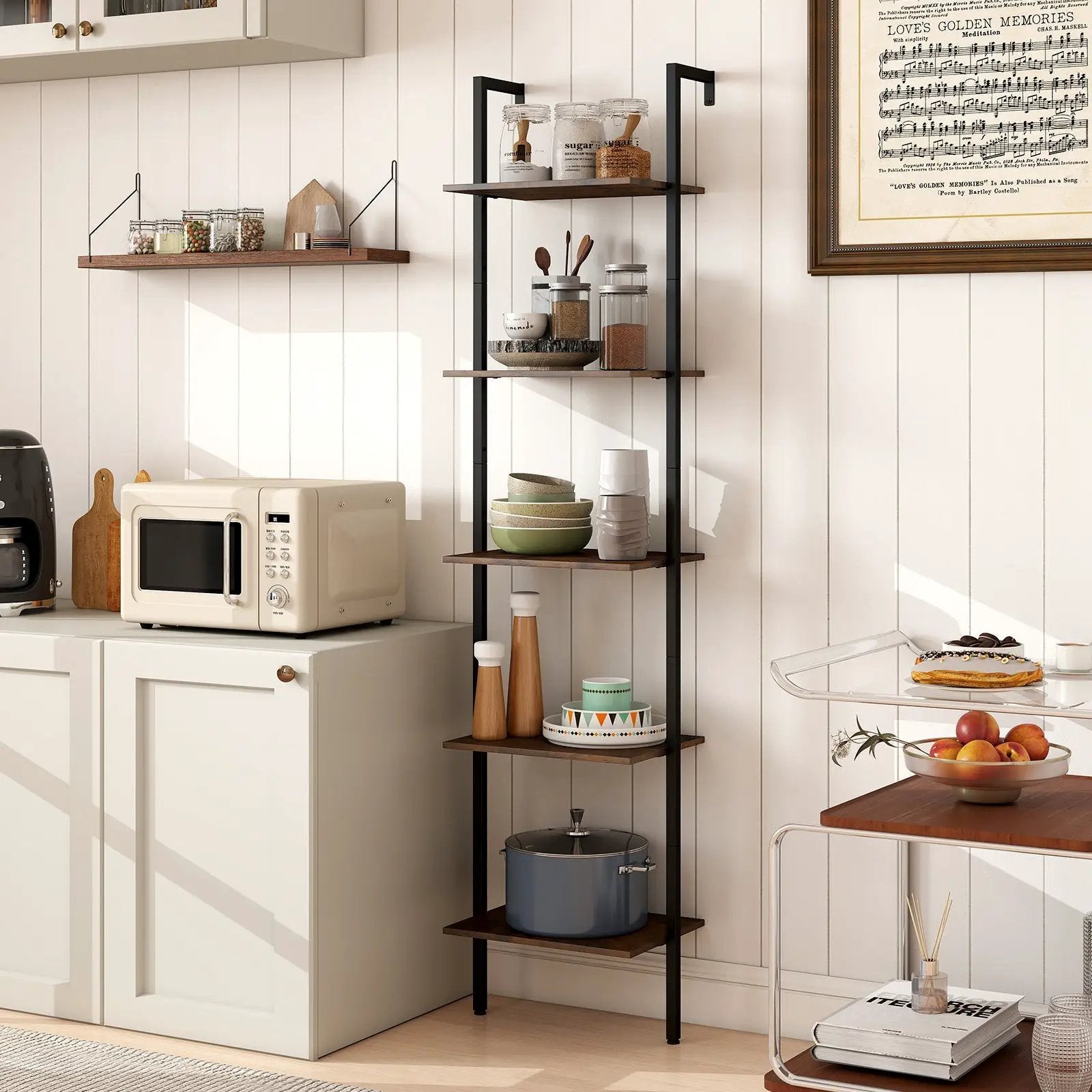 5 Tier Wall Mount Ladder Shelf with Anti-Tipping Kits for Home Office-Rustic Brown by DirectDeals