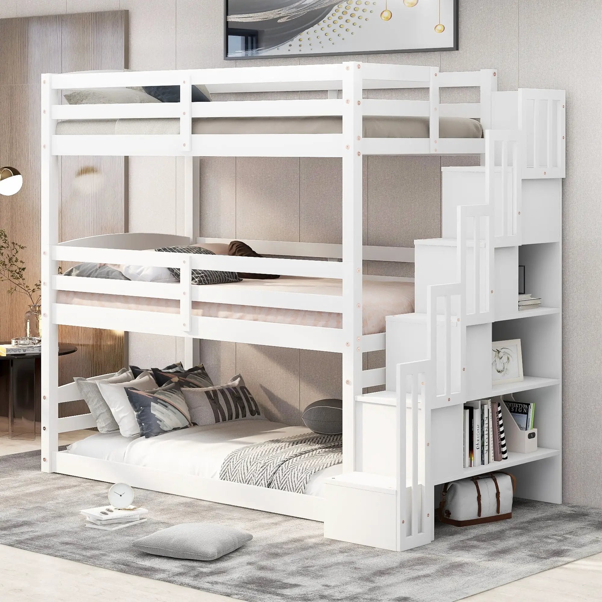 Twin Size Triple Bunk Bed With Storage Staircase, Separate Design - White by Unique Piece Furniture