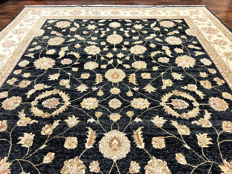 Indo Persian Rug 10x14, Charcoal and Beige, Floral Allover, Handmade Vintage Wool Carpet by Jewel Rugs