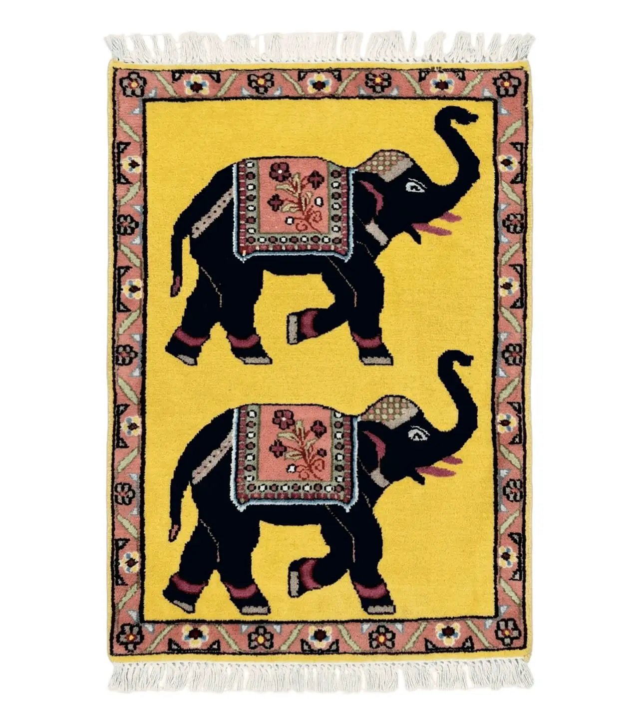 Unique Indian Pictorial Rug 2x3, Small Wool Hand Knotted Oriental Carpet, Yellow, Two Elephants, Handmade by Jewel Rugs