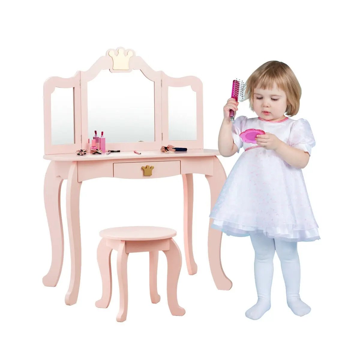 Kids Makeup Dressing Table with Tri-folding Mirror and Stool by DirectDeals