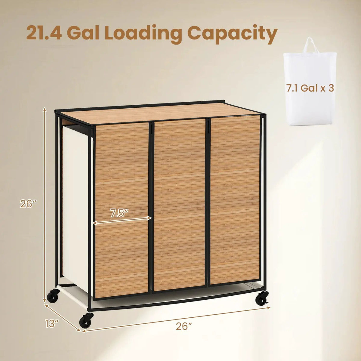 3-Section Laundry Hamper with Lid and Wheels - 21.4 Gal by DirectDeals