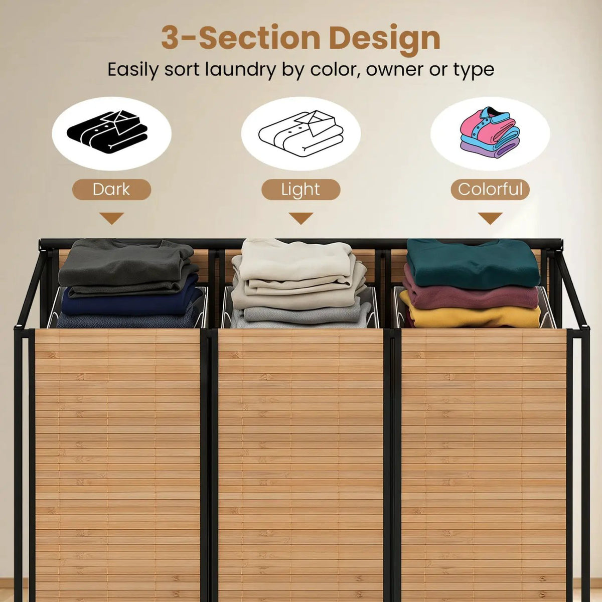 3-Section Laundry Hamper with Lid and Wheels - 21.4 Gal by DirectDeals