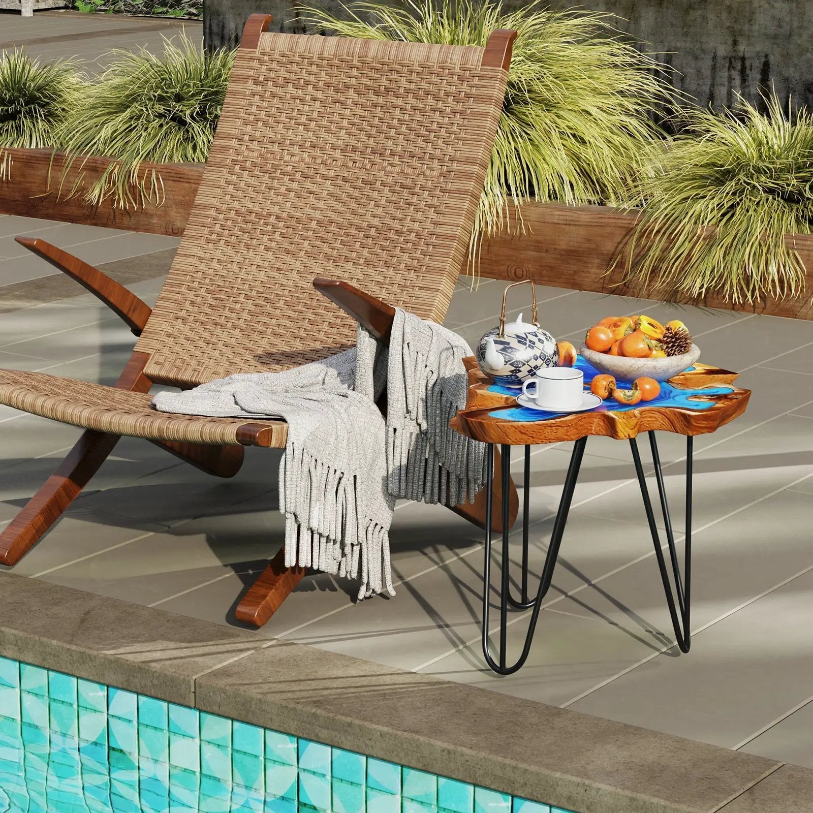 21 Inch Outdoor Epoxy Resin Teak Wood End Table with Irregular Tabletop by DirectDeals