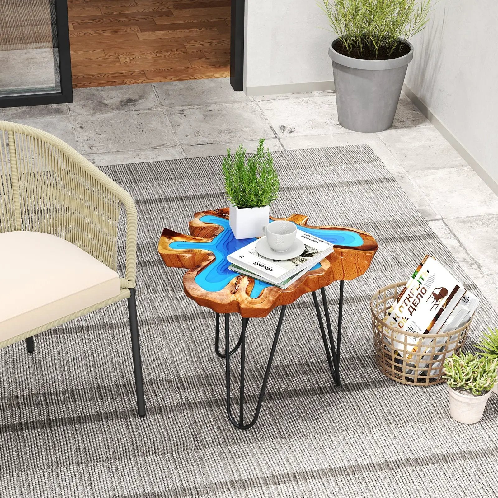 21 Inch Outdoor Epoxy Resin Teak Wood End Table with Irregular Tabletop by DirectDeals