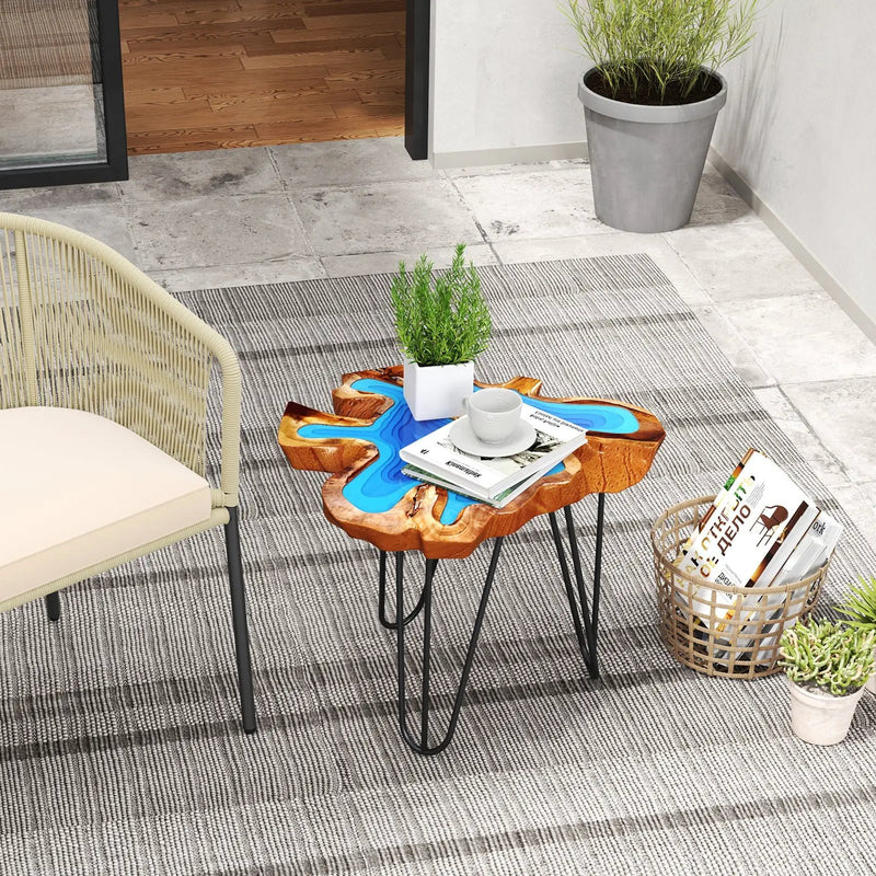 21 Inch Outdoor Epoxy Resin Teak Wood End Table with Irregular Tabletop by DirectDeals