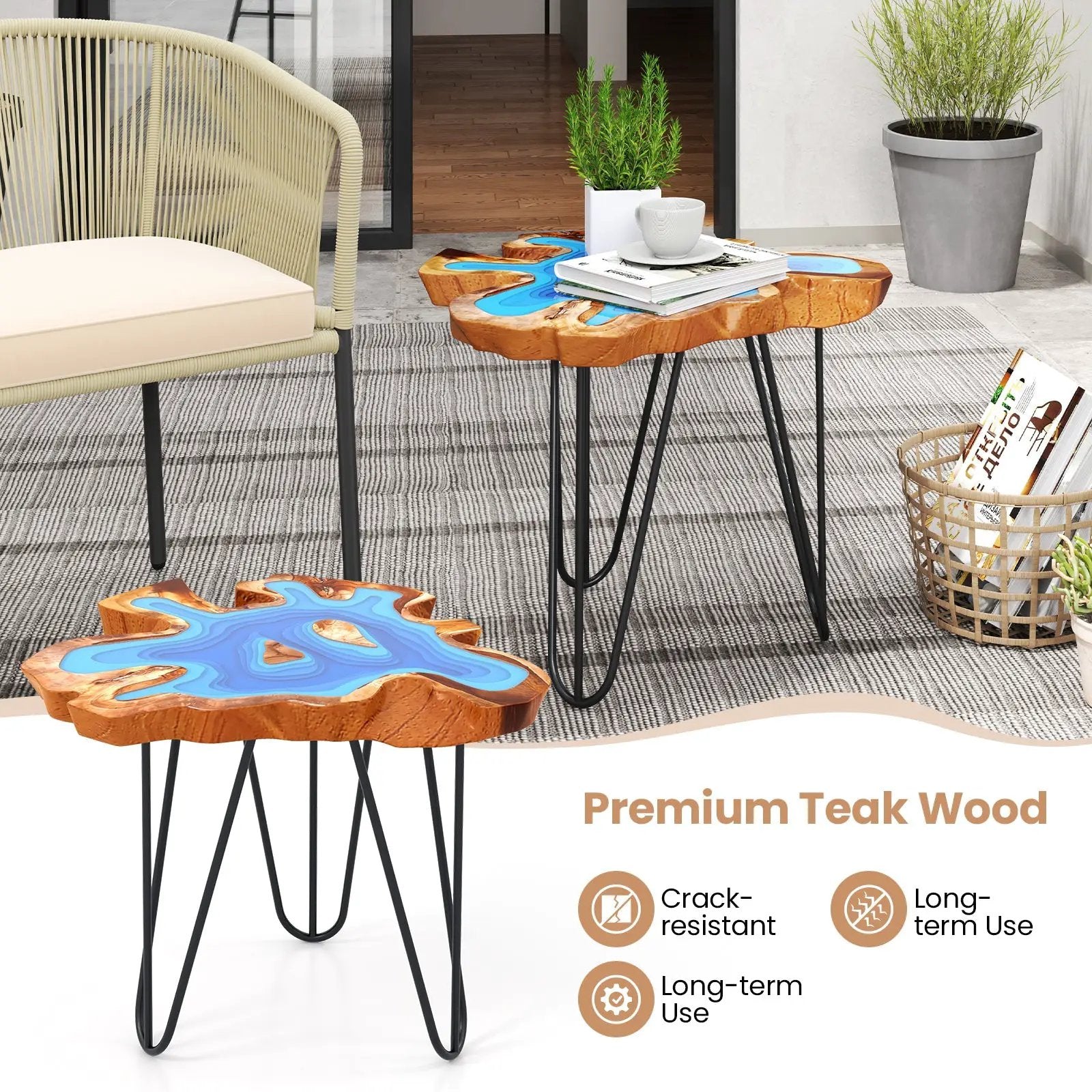 21 Inch Outdoor Epoxy Resin Teak Wood End Table with Irregular Tabletop by DirectDeals
