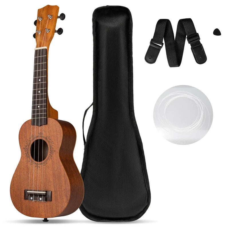 21 Inch Soprano Mahogany Wooden Ukelele Set with Adjustable Strap by DirectDeals