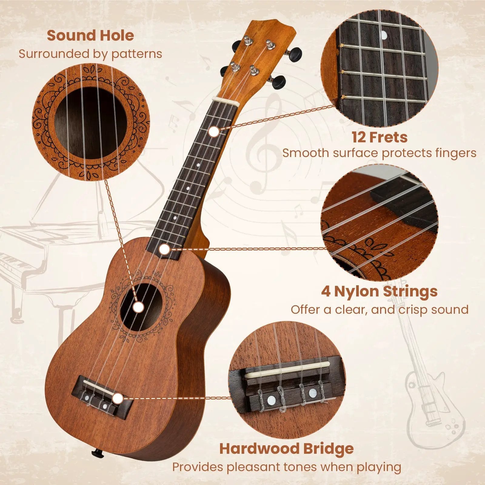 21 Inch Soprano Mahogany Wooden Ukelele Set with Adjustable Strap by DirectDeals
