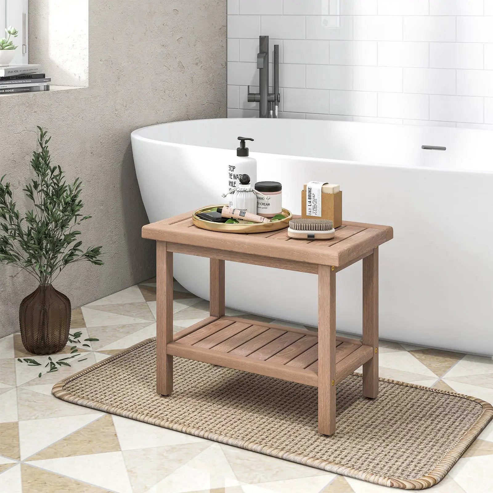 21 Inches Teak Shower Bench with Storage Shelf by DirectDeals
