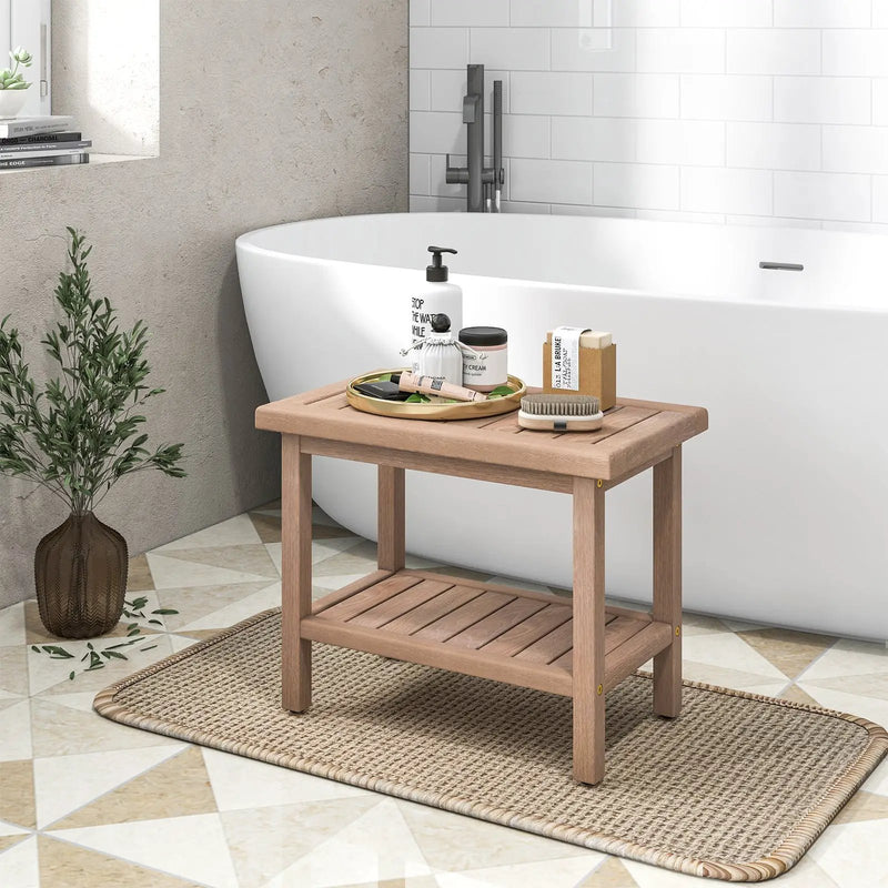 21 Inches Teak Shower Bench with Storage Shelf by DirectDeals