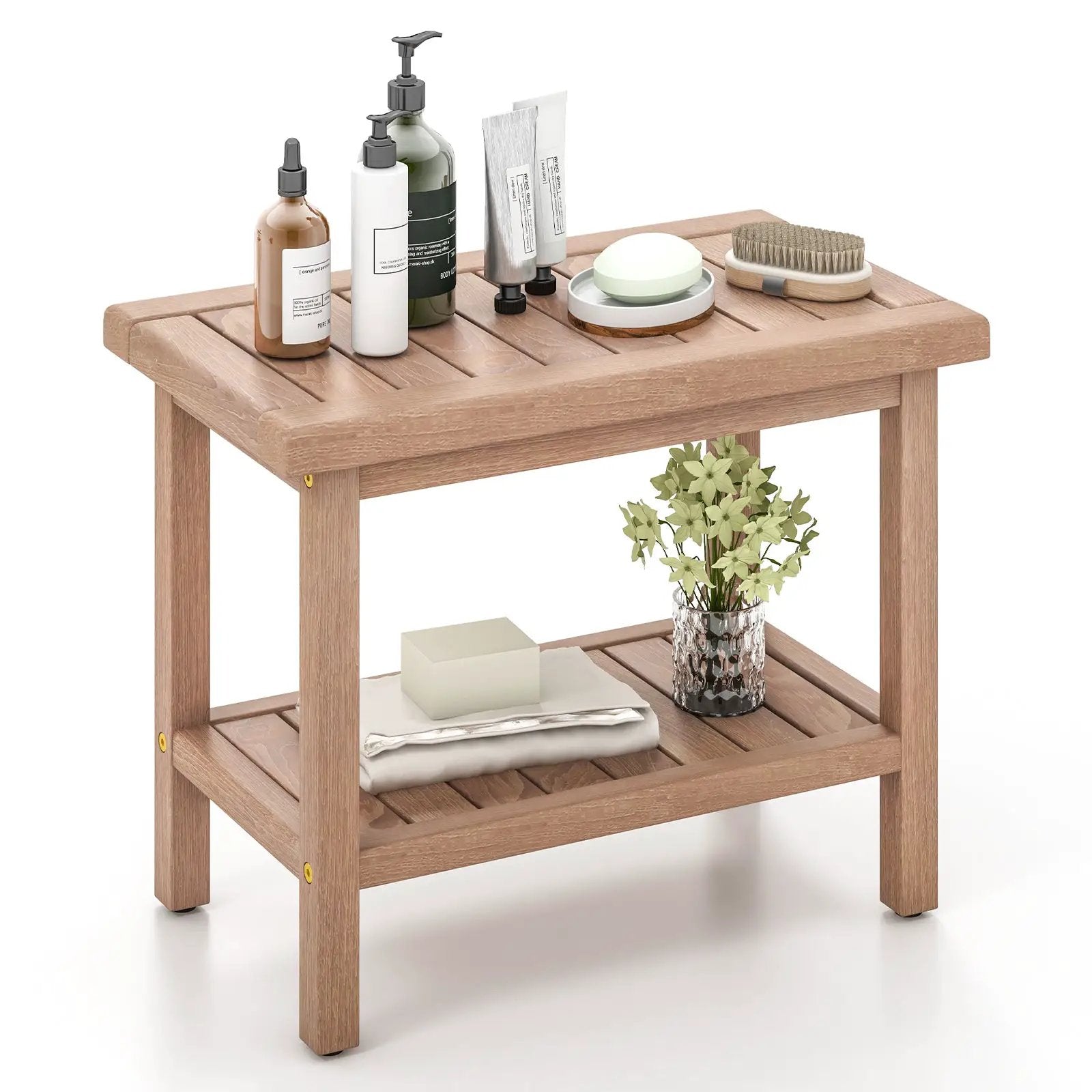 21 Inches Teak Shower Bench with Storage Shelf by DirectDeals