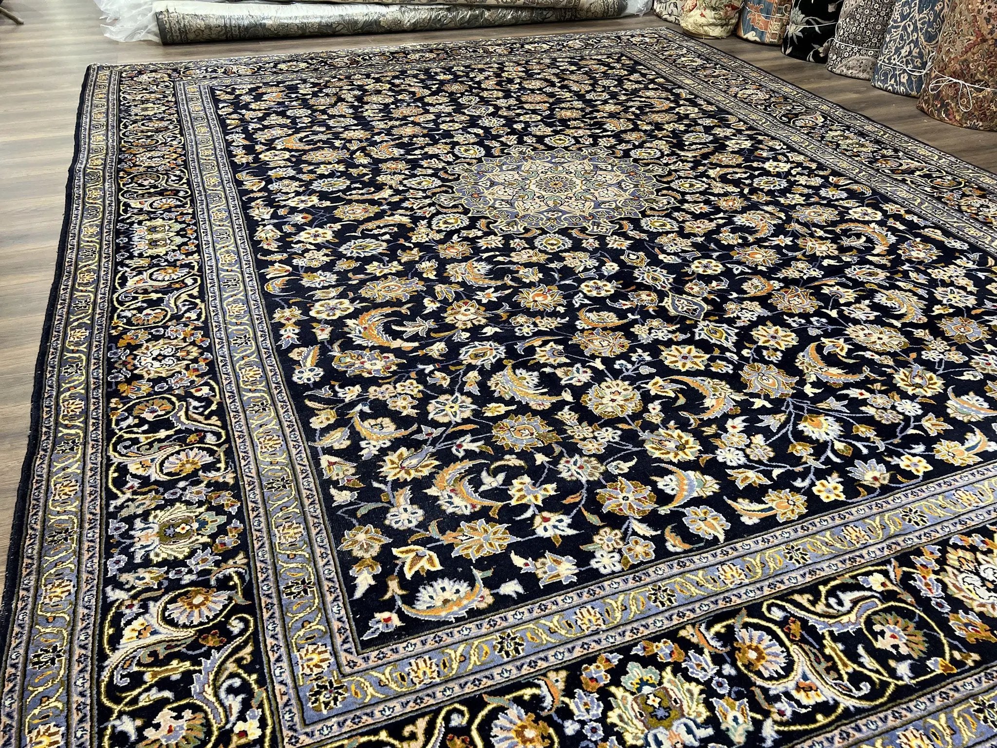 Wonderful Navy Blue Persian Kashan Rug 11x13, Allover Floral Design with Central Medallion, Wool Hand-Knotted Antique Carpet, Signed Rabani Rug by Jewel Rugs