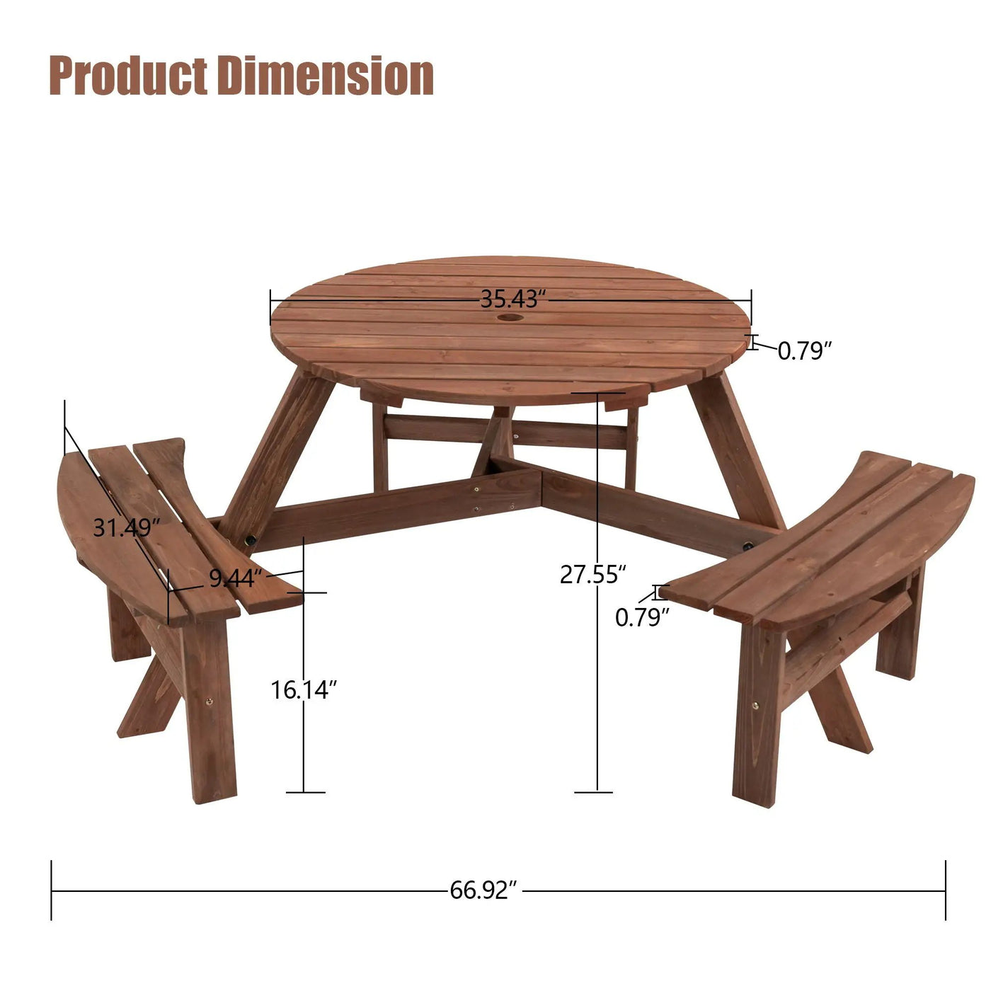 6 Person Circular Outdoor Wooden Picnic Table For Patio, Backyard, Garden, Diy With 3 Built-In Benches, 1720Lb Capacity by Unique Piece Furniture