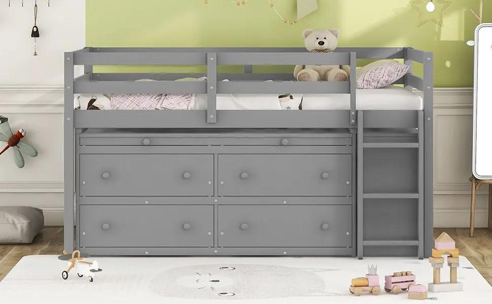 Loft Bed With Retractable Writing Desk And 4 Drawers, With Lateral Portable Desk And Shelves by HouseOfZazla