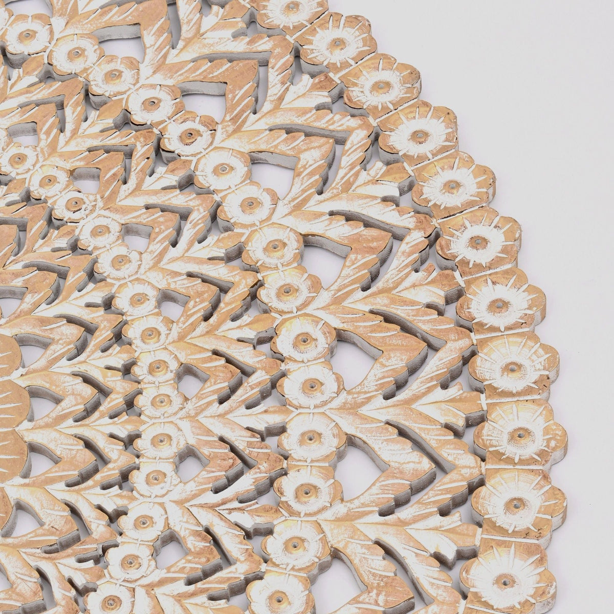 Floral Hand Carved Mandala Round Wall Decor with Intricate Carving - Brown / Antique White, photo 2 of 5
