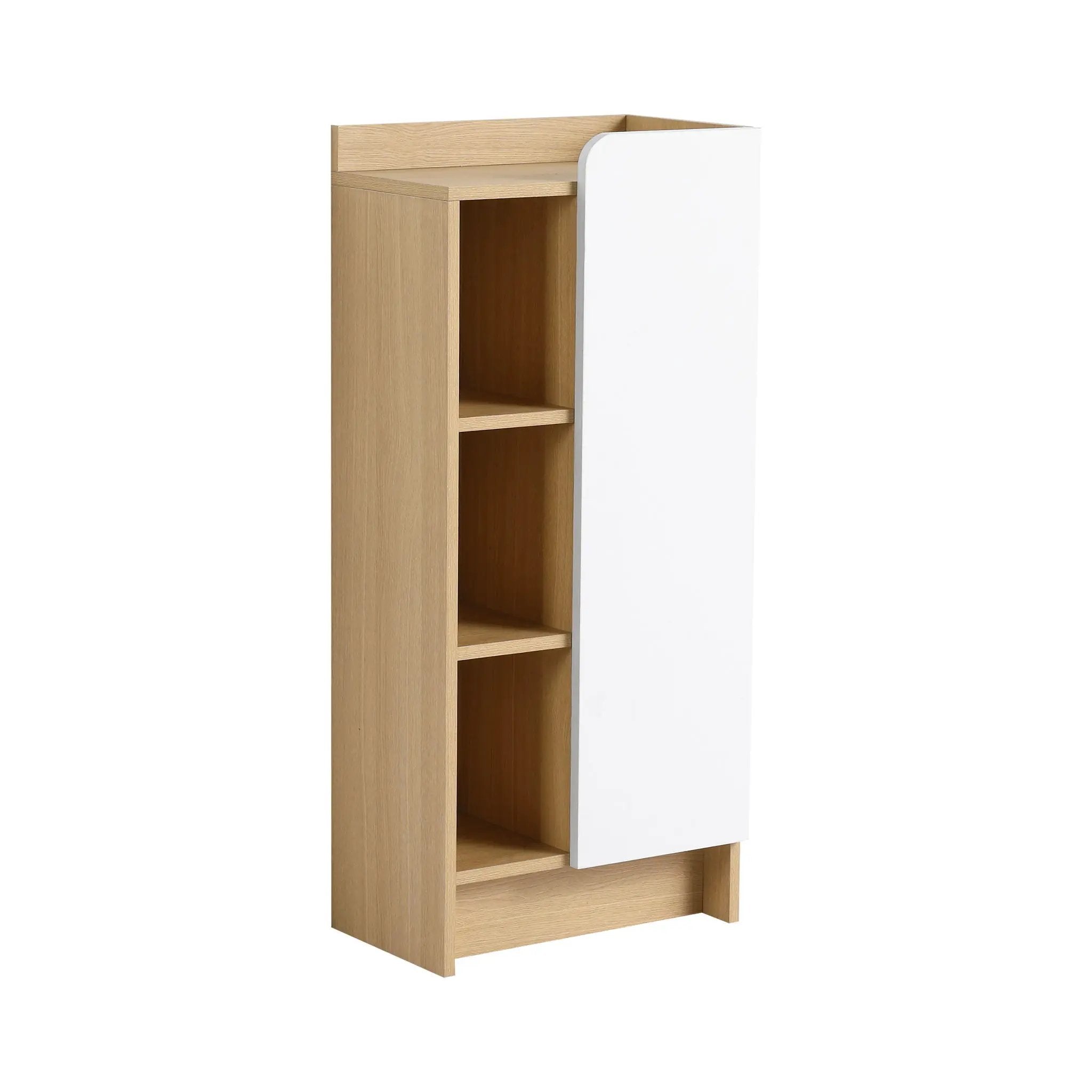 Freestanding Bathroom Side Cabinet, Narrow Storage Cabinet With Single Door & 3 Tier Open Shelves - Black / Light Oak / White by HouseOfZazla