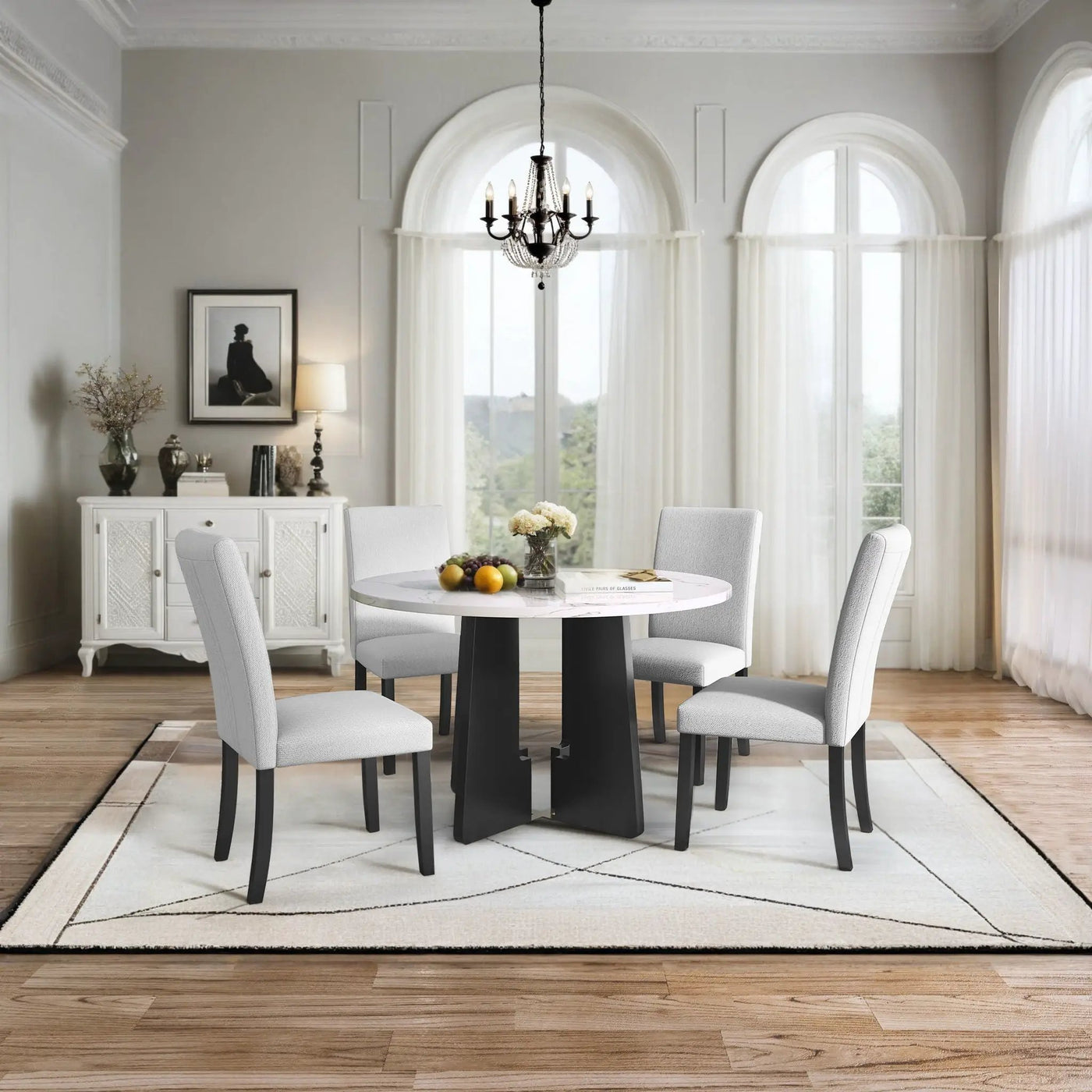 5 Piece Round Dining Table Set, Modern Dining Table And 4 Upholstered Chairs For Dining Room by HouseOfZazla