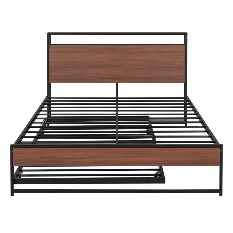 Platform Bed Frame With Trundle, USB Ports And Slat Support, No Box Spring Needed by HouseOfZazla