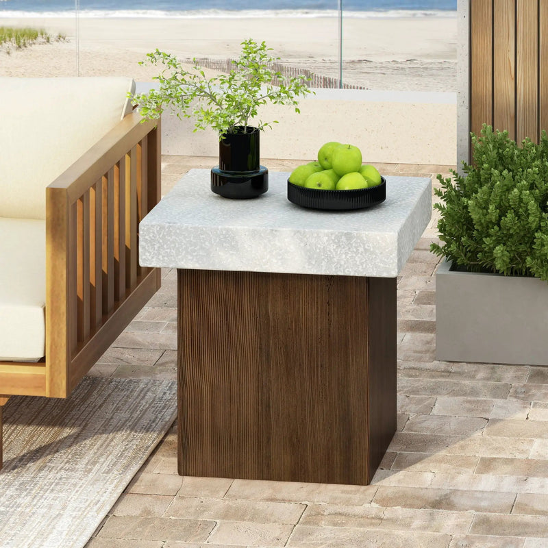 Mgo Square Side Table With Faux Stone Top And Wood Frame - Antique White / Natural Wood by HouseOfZazla