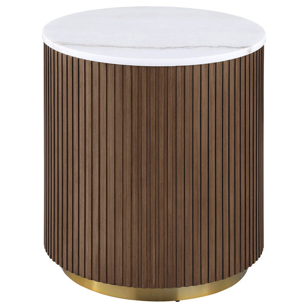 Jason 2-piece Round White Marble Coffee Table Set Honey Brown, photo 2 of 7