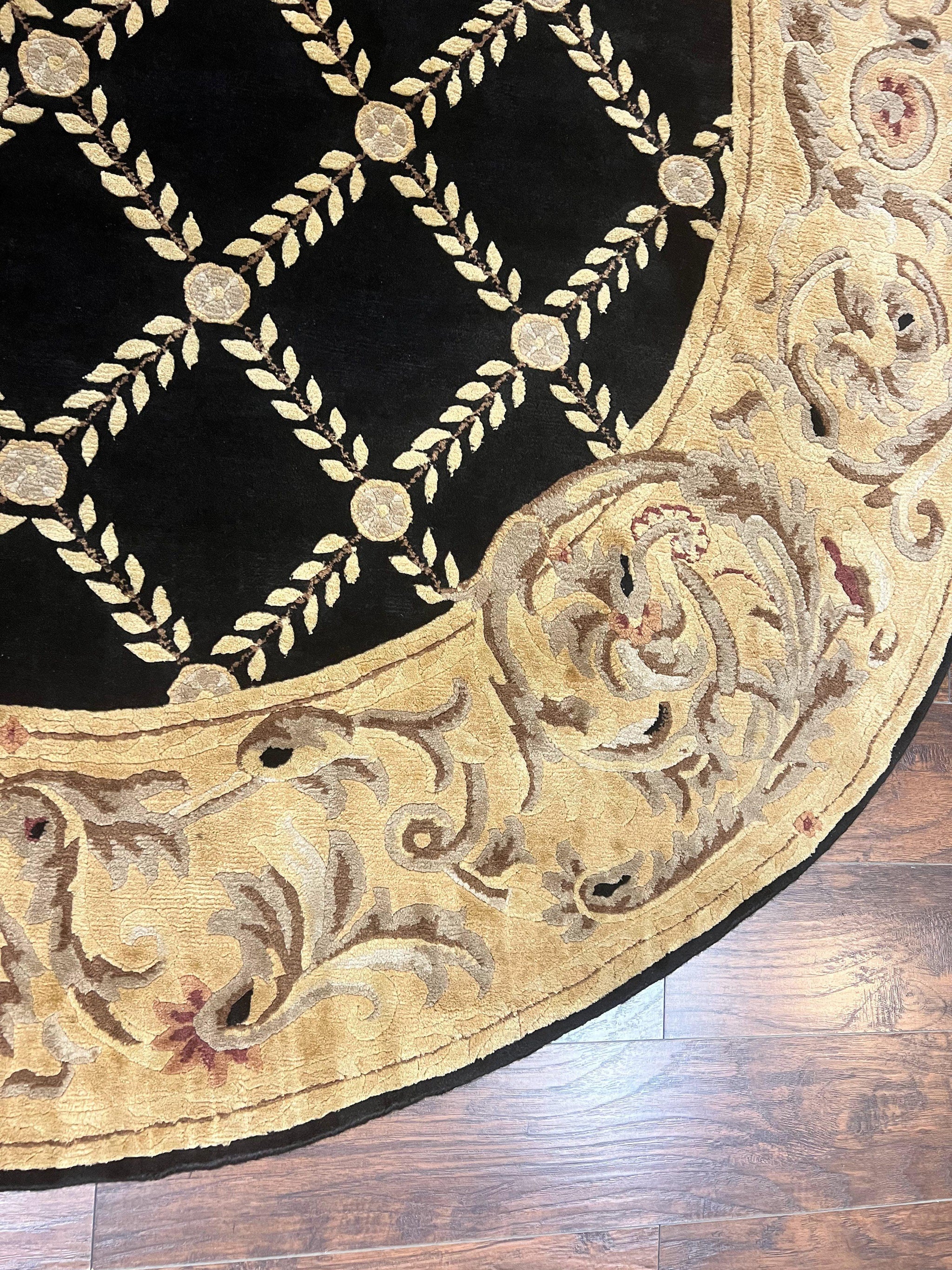 Oval Tibetan Rug 8x10, French Aubusson Design, Wool Handmade Vintage Carpet, Black & Beige, Soft Wool Pile by Jewel Rugs