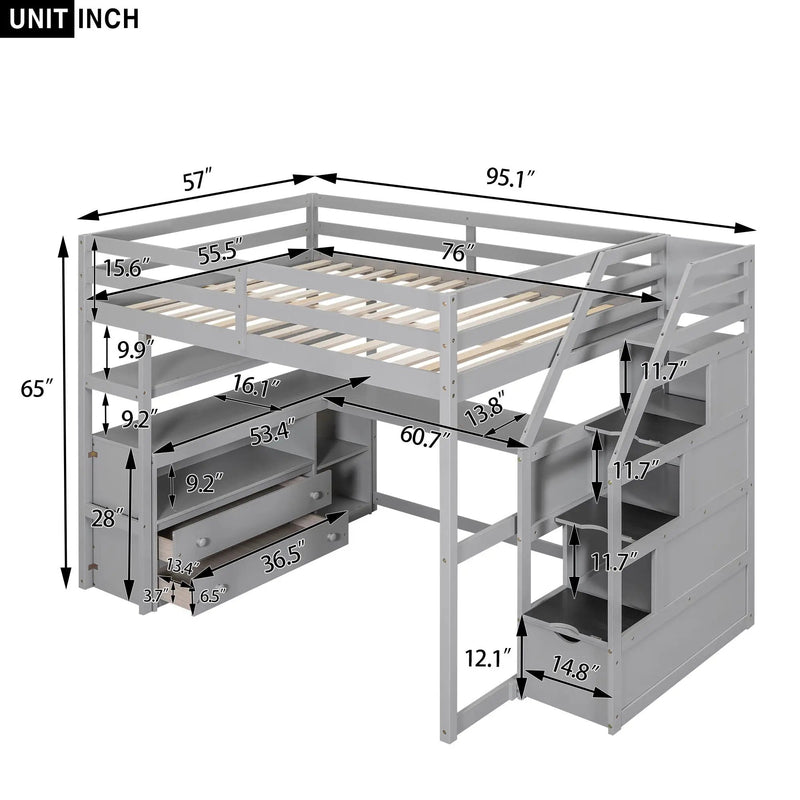 Loft Bed With Desk, Shelves, 2 Drawers, Storage Staircase by Unique Piece Furniture