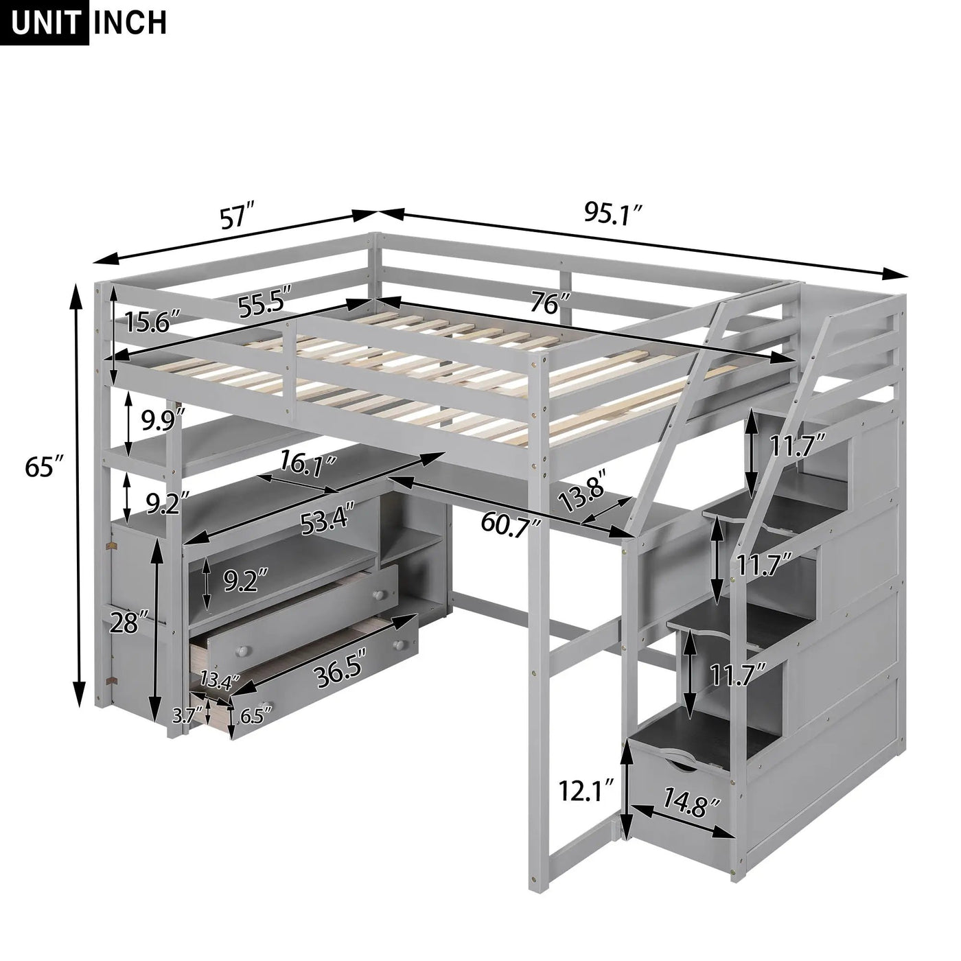 Loft Bed With Desk, Shelves, 2 Drawers, Storage Staircase by HouseOfZazla