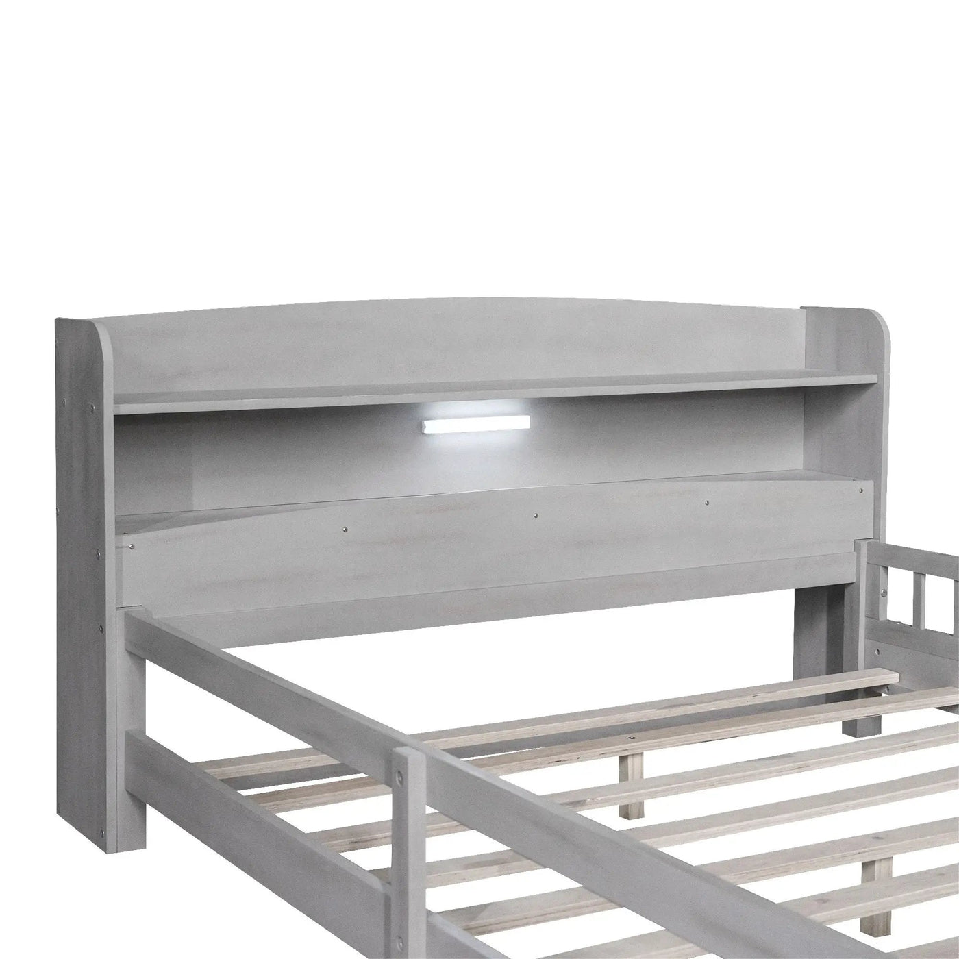Wood Platform Bed With Built In LED Light, Storage Headboard And Guardrail by HouseOfZazla
