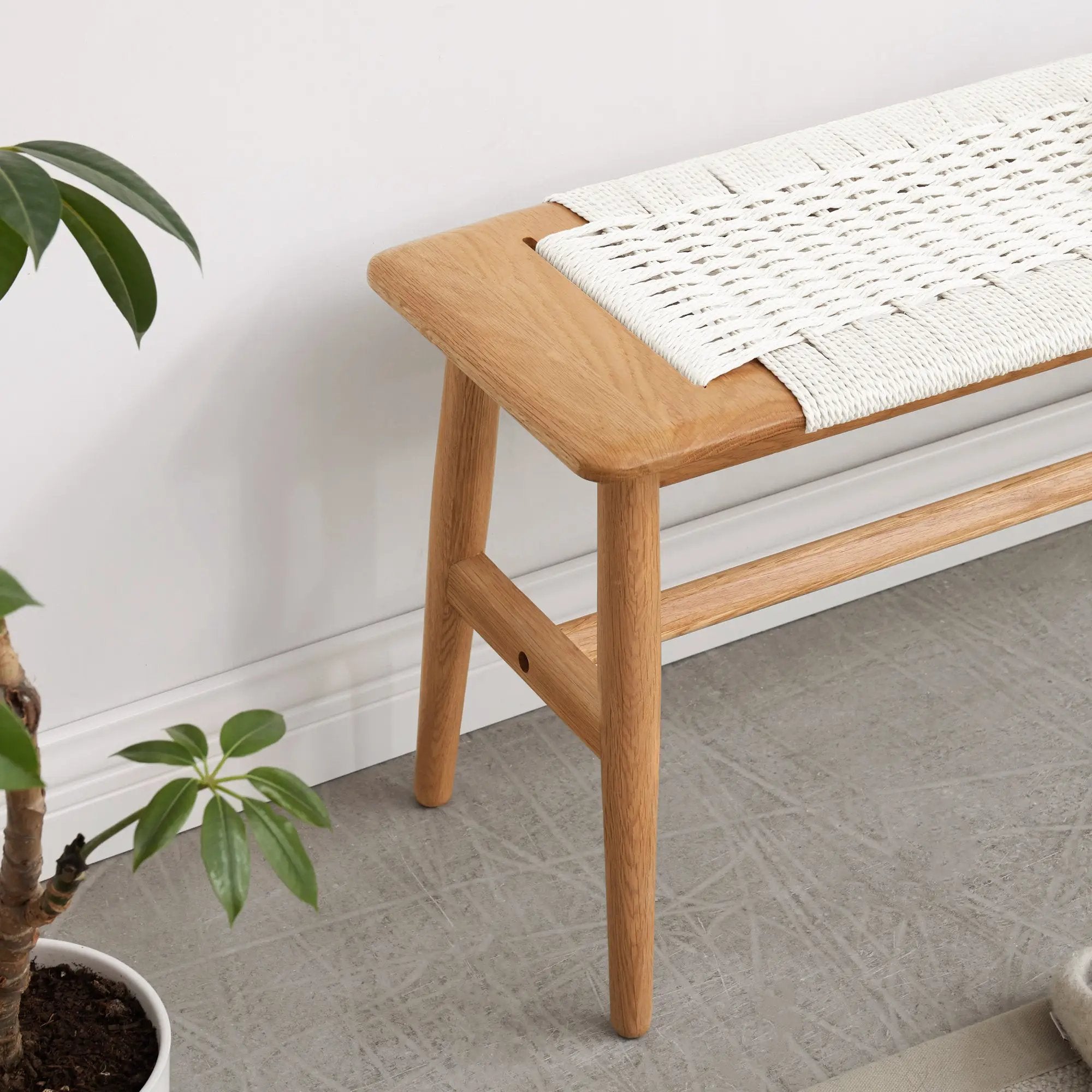Design Natural Oak Wood Dining Bench with Handwoven Cane Seat in White by HouseOfZazla