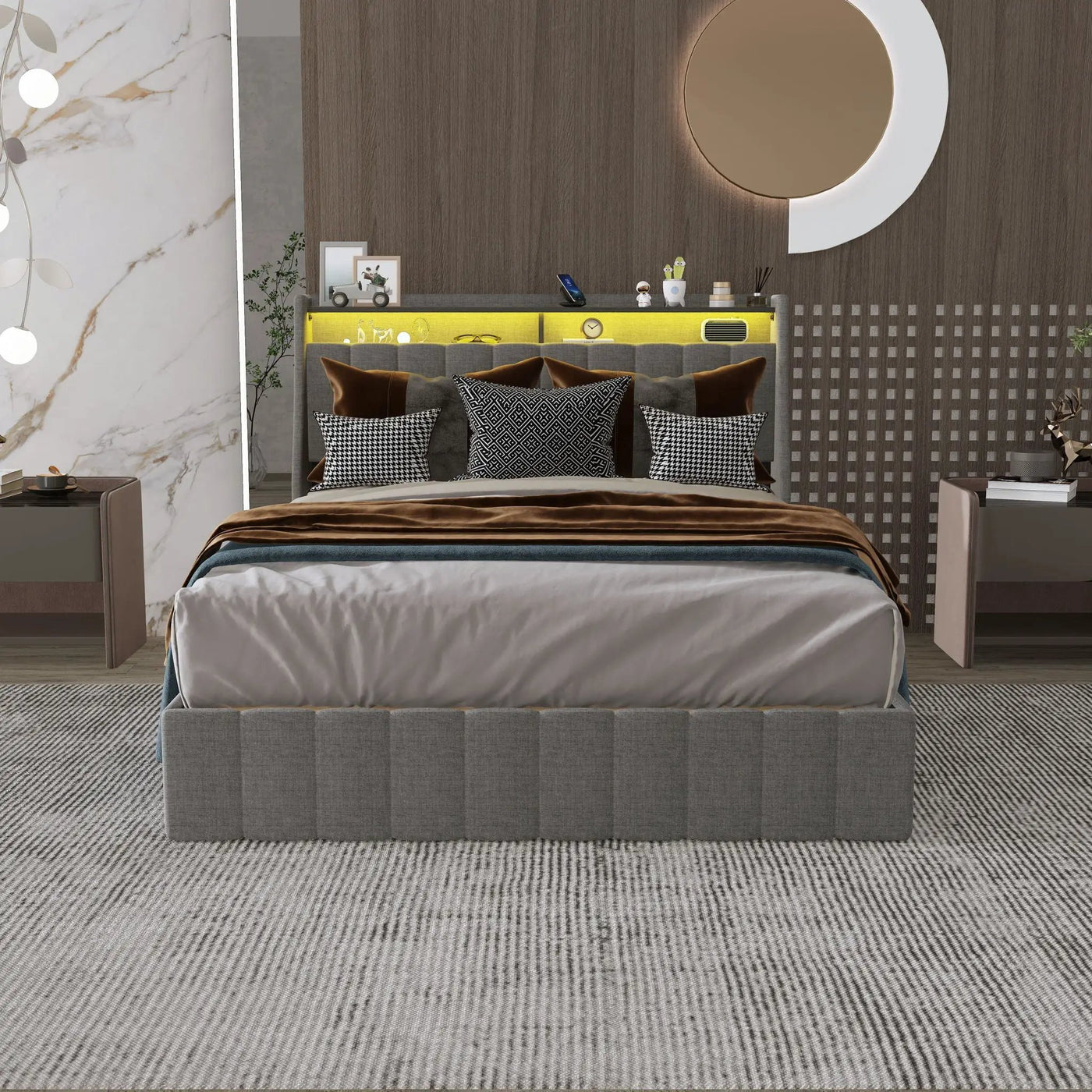 Bed With LED Lights, 4 Drawers, Winged Headboard Upholstered by Unique Piece Furniture