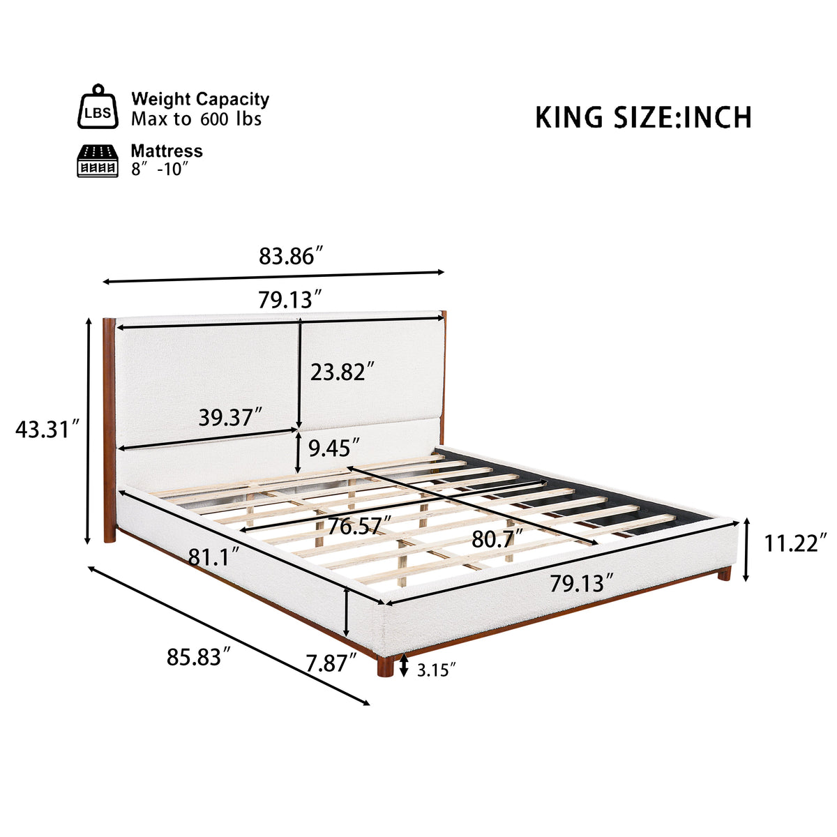 King Size Upholstered Bed Frame with Slat Support - White & Walnut, photo 2 of 10
