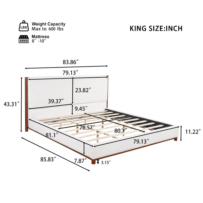 King Size Upholstered Bed Frame with Slat Support - White & Walnut, photo 2 of 10