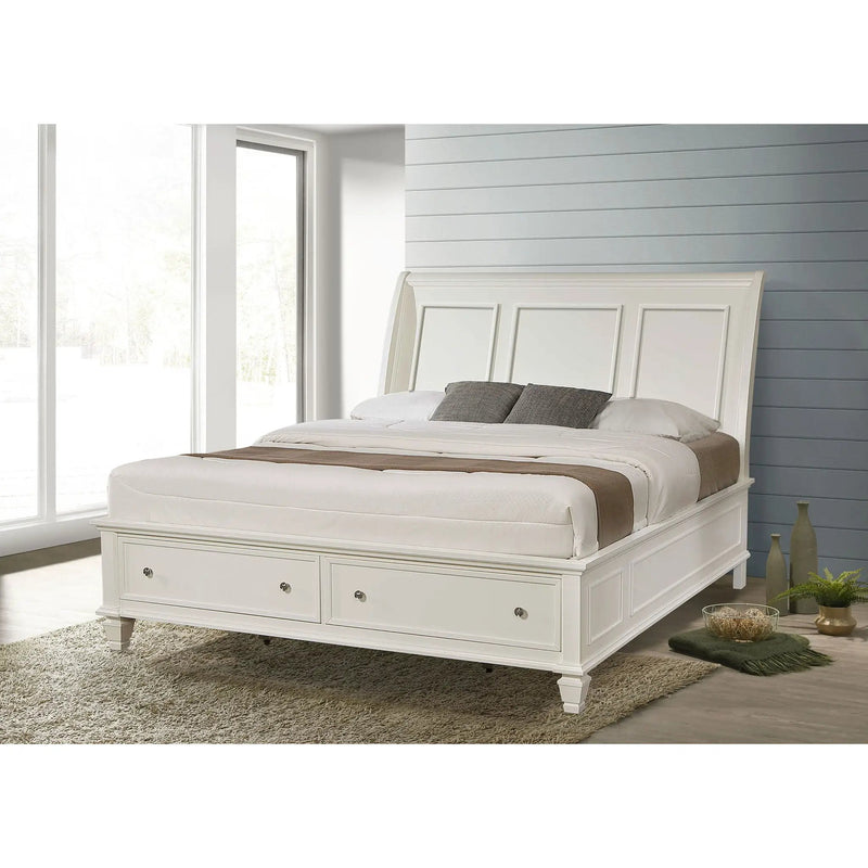 Dennis - Eastern King Storage Panel Bed With Carved Headboard And Built In Drawers - Cream White by HouseOfZazla