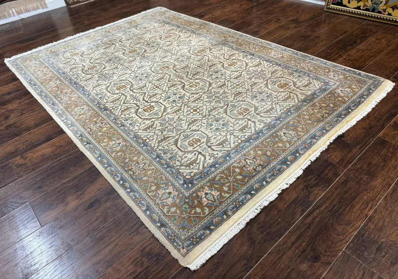 Indo Persian Rug 6x9, Beige, Allover Pattern, Vintage Wool Oriental Carpet by Jewel Rugs