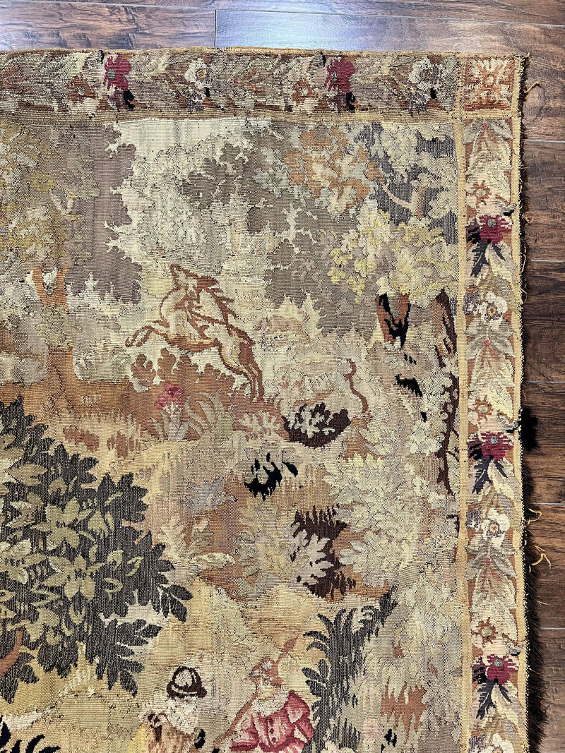 Antique French Tapestry 6x5 ft, European Handmade Wool Aubusson Weave Vintage Tapestry by Jewel Rugs